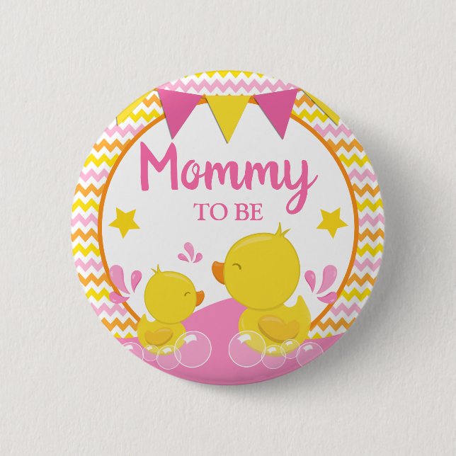 Badge Rond 5 Cm Canard en caoutchouc jaune et rose à pois Maman à  (Devant)