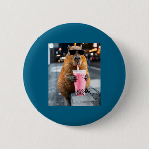 Badge Rond 5 Cm Capybara buvant du thé glacé boba mème animal drôl