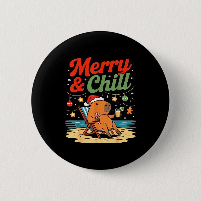 Badge Rond 5 Cm Capybara Christmas Holiday Beach Vibes Merry And C (Devant)