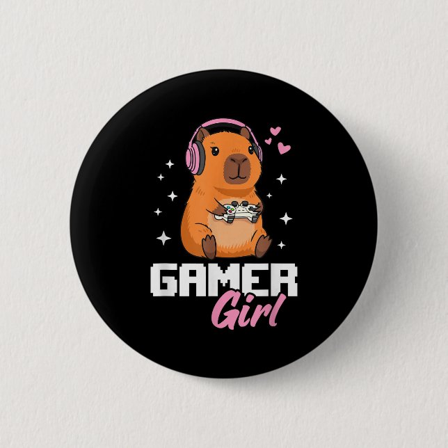 Badge Rond 5 Cm Capybara Gamer Girl Gaming  (Devant)