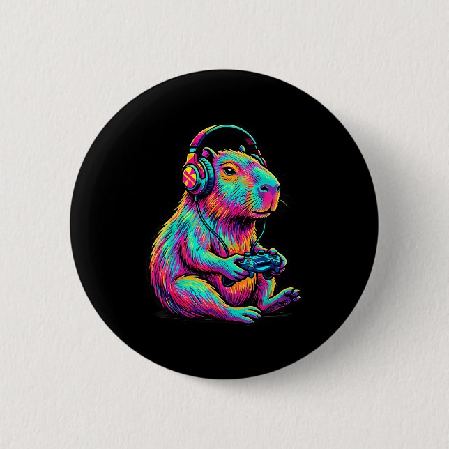 Badge Rond 5 Cm Capybara Video Games Gamer Funny Gaming Graphic Ki (Devant)