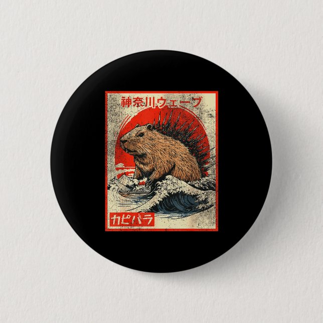 Badge Rond 5 Cm Capyzilla _ Kanagwa Wave Japan _ Cool Rodent Capyb (Devant)