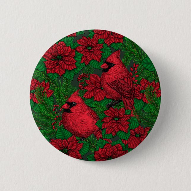 Badge Rond 5 Cm Cardinaux et poinsettia pour Noël (Devant)
