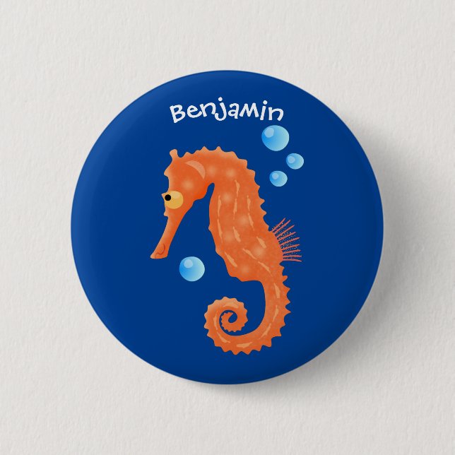 Badge Rond 5 Cm Caricature de bulles d'hippocampe orange (Devant)