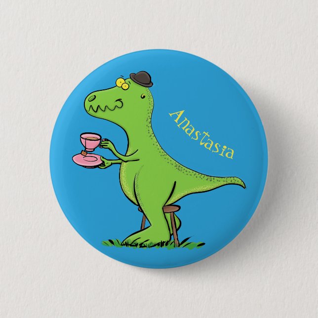 Badge Rond 5 Cm Caricature de dinosaure vert t rex (Devant)