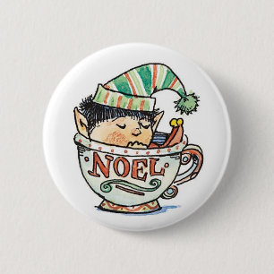 Badge Rond 5 Cm Caricature mignonne Elf de Noël dormant dans une t