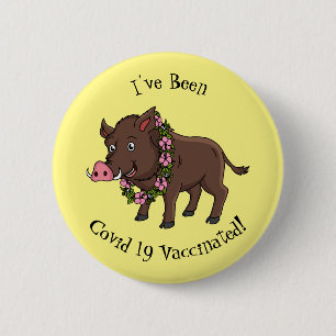 Badge Rond 5 Cm Caricature mignonne sanglier et fleurs