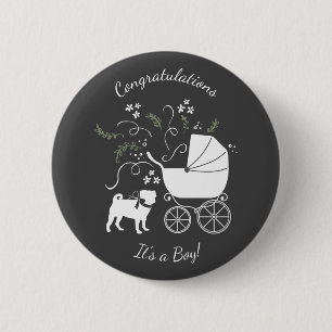Badge Rond 5 Cm Carlin Chien Baby shower Thème Chien Chiot Neutre 