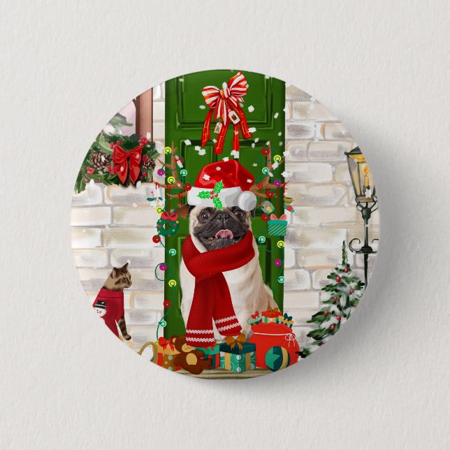 Badge Rond 5 Cm Carlin Chien Noël (Devant)