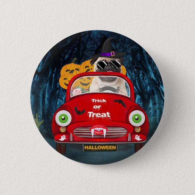 Badge Rond 5 Cm Carlin Chien voiture voiture effrayant Halloween (Devant)