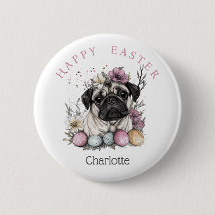 Badge Rond 5 Cm Carlin de Pâques aquarelle fleurie