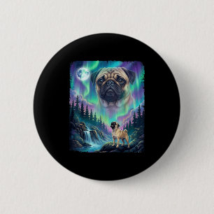 Badge Rond 5 Cm Carlin hurleur aurore boréale lune forêt