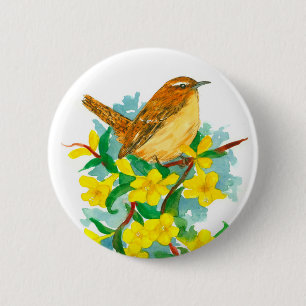 Badge Rond 5 Cm Carolina Fleurs Jessamine Jaune Jaune Wren Bird