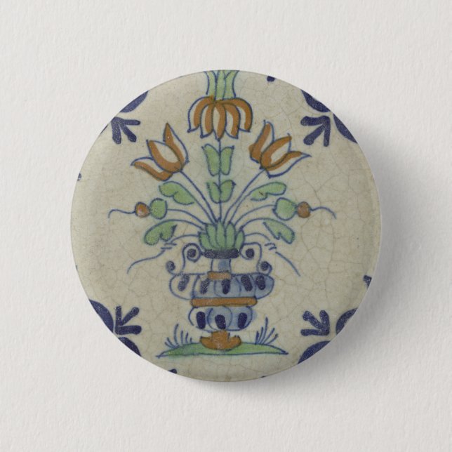 Badge Rond 5 Cm Carrelage Delft Antique Pot de Fleur Céramique (Devant)