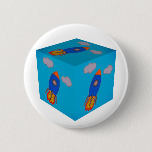 Badge Rond 5 Cm Cartoon Space Rocket Flying Et Blue Sky Cube