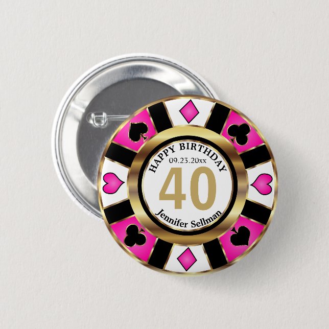 Badge Rond 5 Cm Casino 00e fête d'anniversaire -Rose (Devant & derrière)