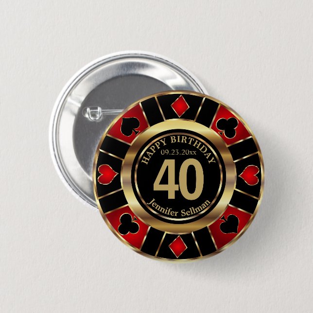 Badge Rond 5 Cm Casino 00e fête d'anniversaire - Rouge et Noir (Devant & derrière)