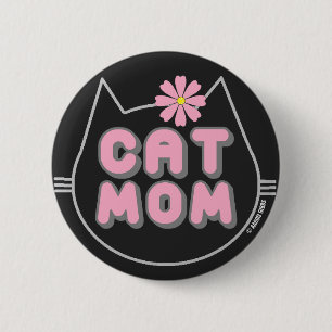 Badge Rond 5 Cm CAT MOM avec bouton Fleur rose
