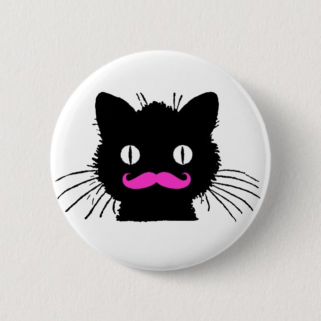 BADGE ROND 5 CM CAT NOIR DE MOUSTACHE ROSE DRÔLE (Devant)