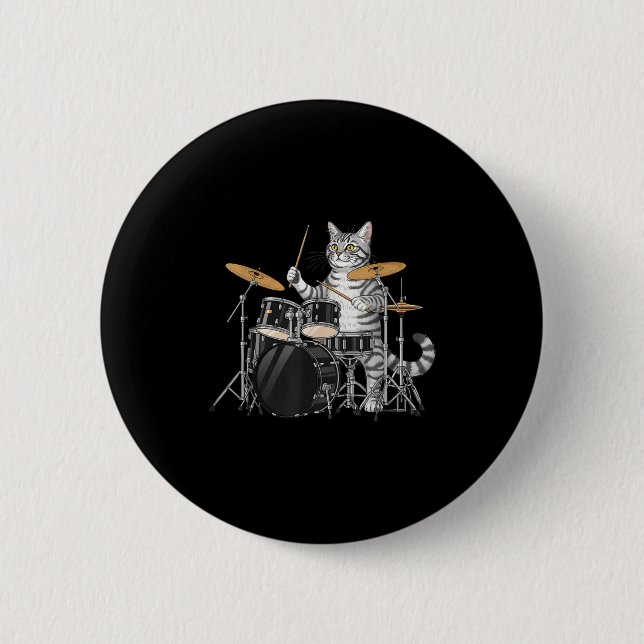 Badge Rond 5 Cm Cat Playing Drums Drumset Drumkit Drumming Drum Dr (Devant)