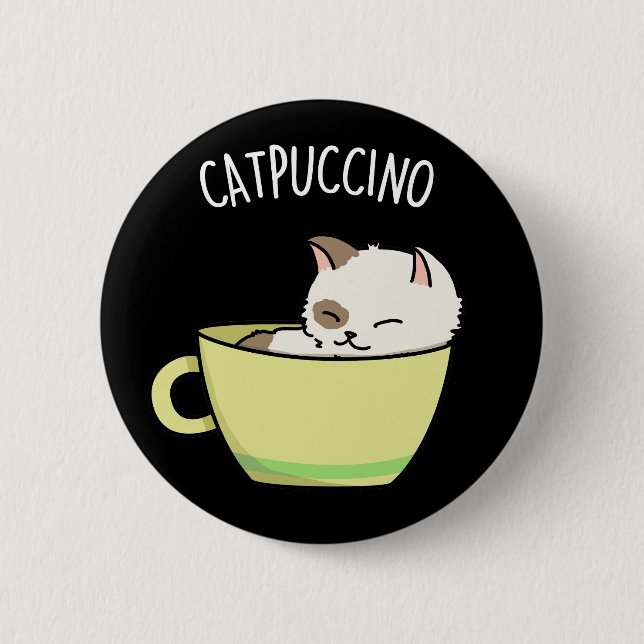 Badge Rond 5 Cm Catpuccino Funny Kitty Chat En Coupe Pun Dark BG (Devant)