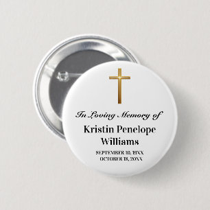 Badge Rond 5 Cm Célébration De Vie Funéraire Croix Dorée Élégante
