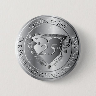 Badge Rond 5 Cm Célébration des 25 ans de mariage Cœur argenté