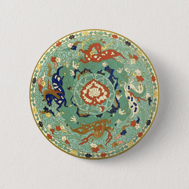 Badge Rond 5 Cm Cercle chinois antique bleu vert (Devant)