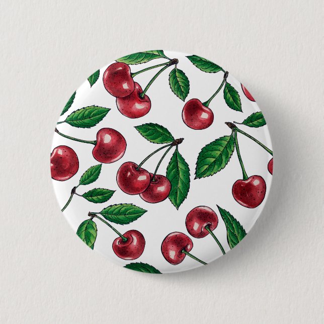 Badge Rond 5 Cm Cerises rouges sur blanc (Devant)