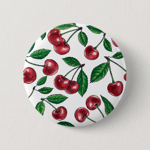 Badge Rond 5 Cm Cerises rouges sur blanc