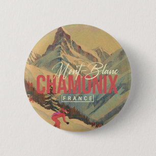 Badge Rond 5 Cm Chamonix France Mont-Blanc Vintage Ski 1950