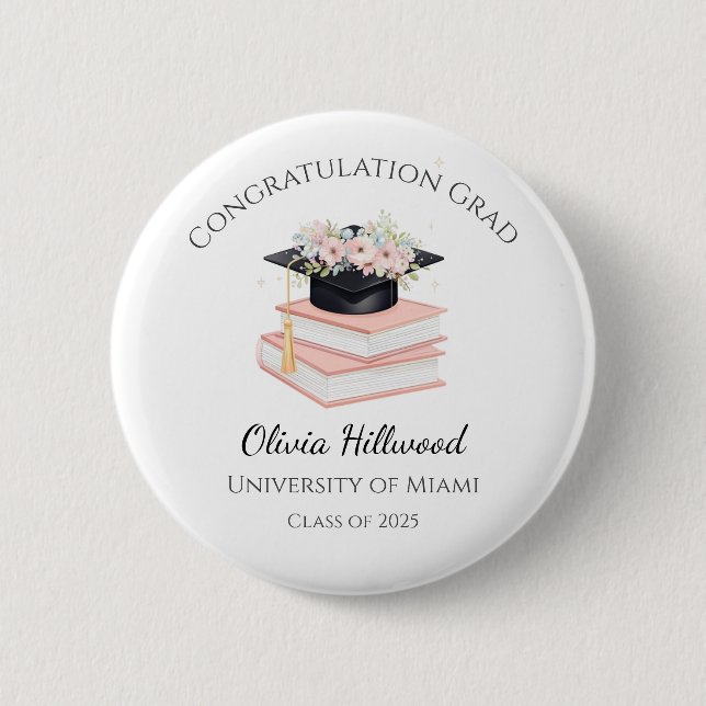 Badge Rond 5 Cm Chapeau de remise des diplômes à fleurs roses Nom  (Devant)