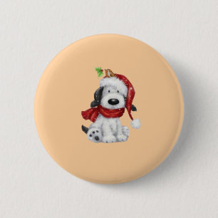 Badge Rond 5 Cm Charmant chien de Noël avec chapeau de Père Noël &