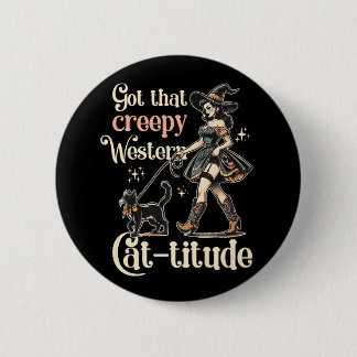 Badge Rond 5 Cm Chat à sorcière Halloween Cowgirl