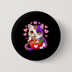 Badge Rond 5 Cm Chat Anime Mangeant Des Nouilles Ramen Avec Des Cœ