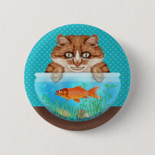 Badge Rond 5 Cm Chat avec Goldfish Bowl Funny Hungry Grinning Kitt