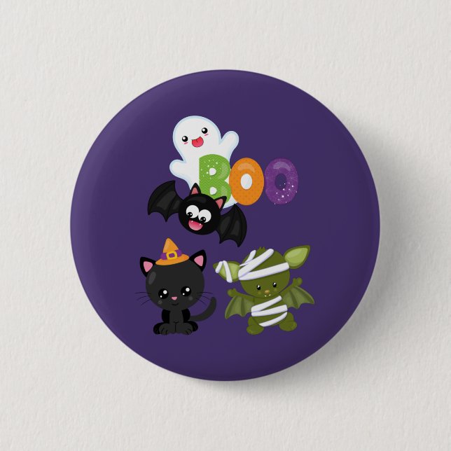 Badge Rond 5 Cm Chat de Cute Halloween, bat, mummy et ghost (Devant)