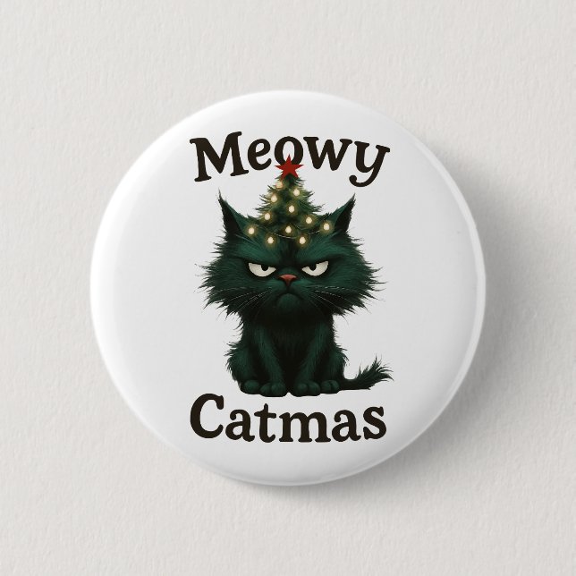 Badge Rond 5 Cm Chat de Noël Meowy humeur maussade (Devant)