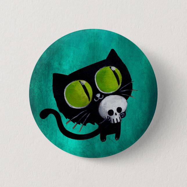 Badge Rond 5 Cm Chat d'Halloween noir avec crâne (Devant)