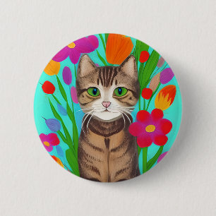 Badge Rond 5 Cm Chat gris mignon personnalisé avec fleurs colorées