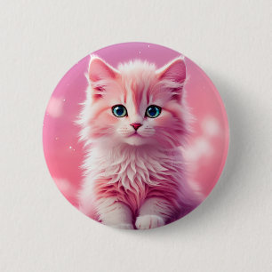 Badge Rond 5 Cm Chat Kitty Rose Fluffy Cute Dreamy