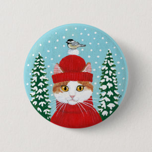 Badge Rond 5 Cm Chat mignon, oiseau hiver neige bouton
