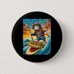 Badge Rond 5 Cm Chat Ninja Surfant Sur Une Planche De Surf Taco Av