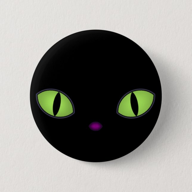 Badge Rond 5 Cm Chat Noir Avec Gros Oeil Vert (Devant)