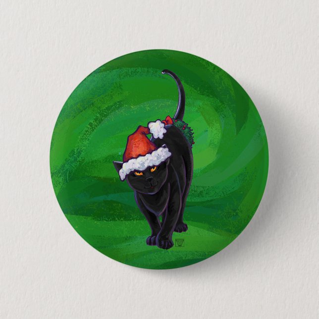 Badge Rond 5 Cm Chat noir de Noël en vert (Devant)