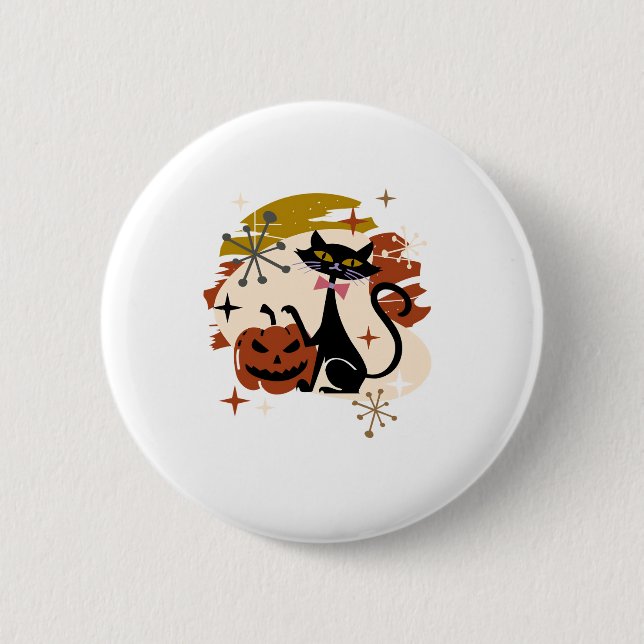 Badge Rond 5 Cm Chat noir et Halloween rétro atomique Citrouille (Devant)