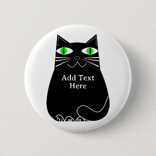 Badge Rond 5 Cm Chat noir gras avec yeux verts Texte personnalisé