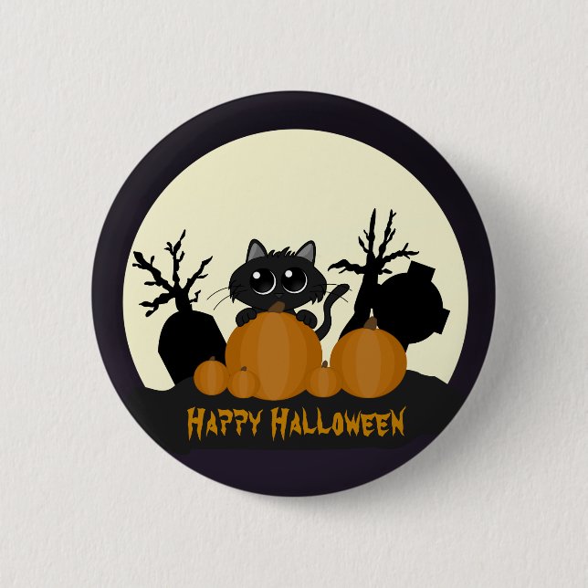 Badge Rond 5 Cm Chat noir Halloween avec Citrouilles dans un cimet (Devant)