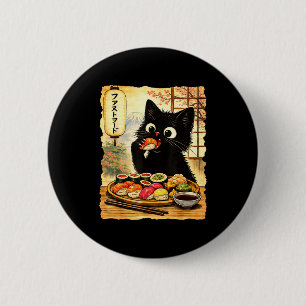 Badge Rond 5 Cm Chat noir mignon mangeant des sushis kawaii nourri