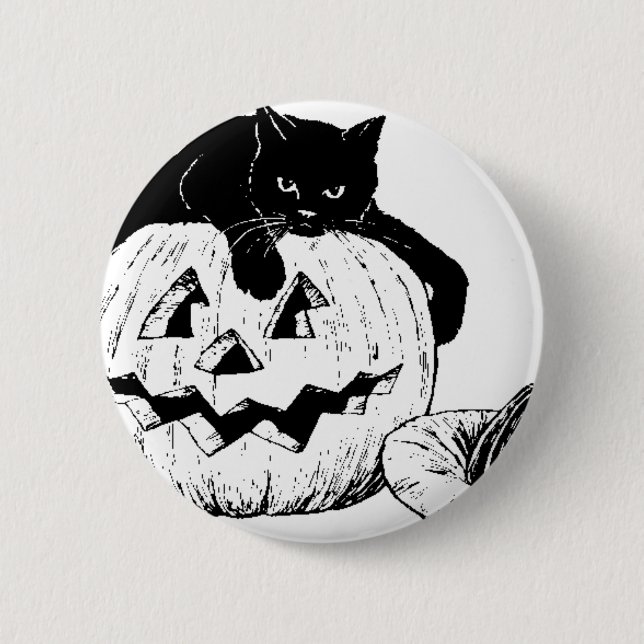 Badge Rond 5 Cm Chat Noir Sur Un Citrouille (Devant)
